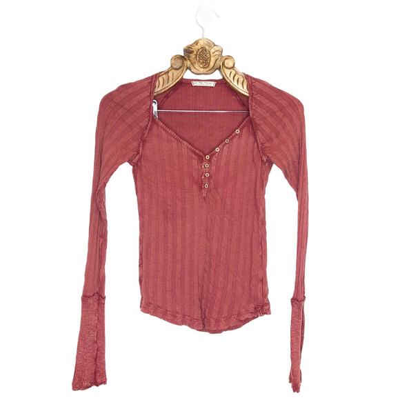 Free People Tops - Free People Top Long Sleeve Henley Thermal Ribbed V Neck Rust Red Small
